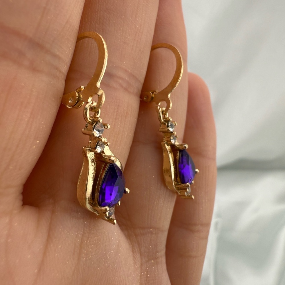 Gold and Purple Teardrop Earrings with Sparkling Accents - Picture 4 of 8